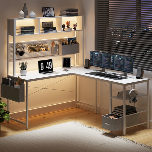 L-vormig Bureau – Hoekbureau – Werkplek Bureau – Gaming Bureau – Study Desk – Modern Metaal – Opbergruimte Met Hangbord – Compact Ruimtebesparend – Wit