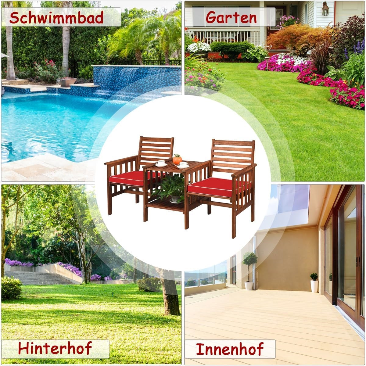 Tuinbank – Buitenbank – Houten Bank – Zitbank – Balkonbank – Acaciahouten Tuinbank Met Tafel – Kussen Inclusief – Parasolgat – 165x65x88 cm – Draagvermogen 350 kg