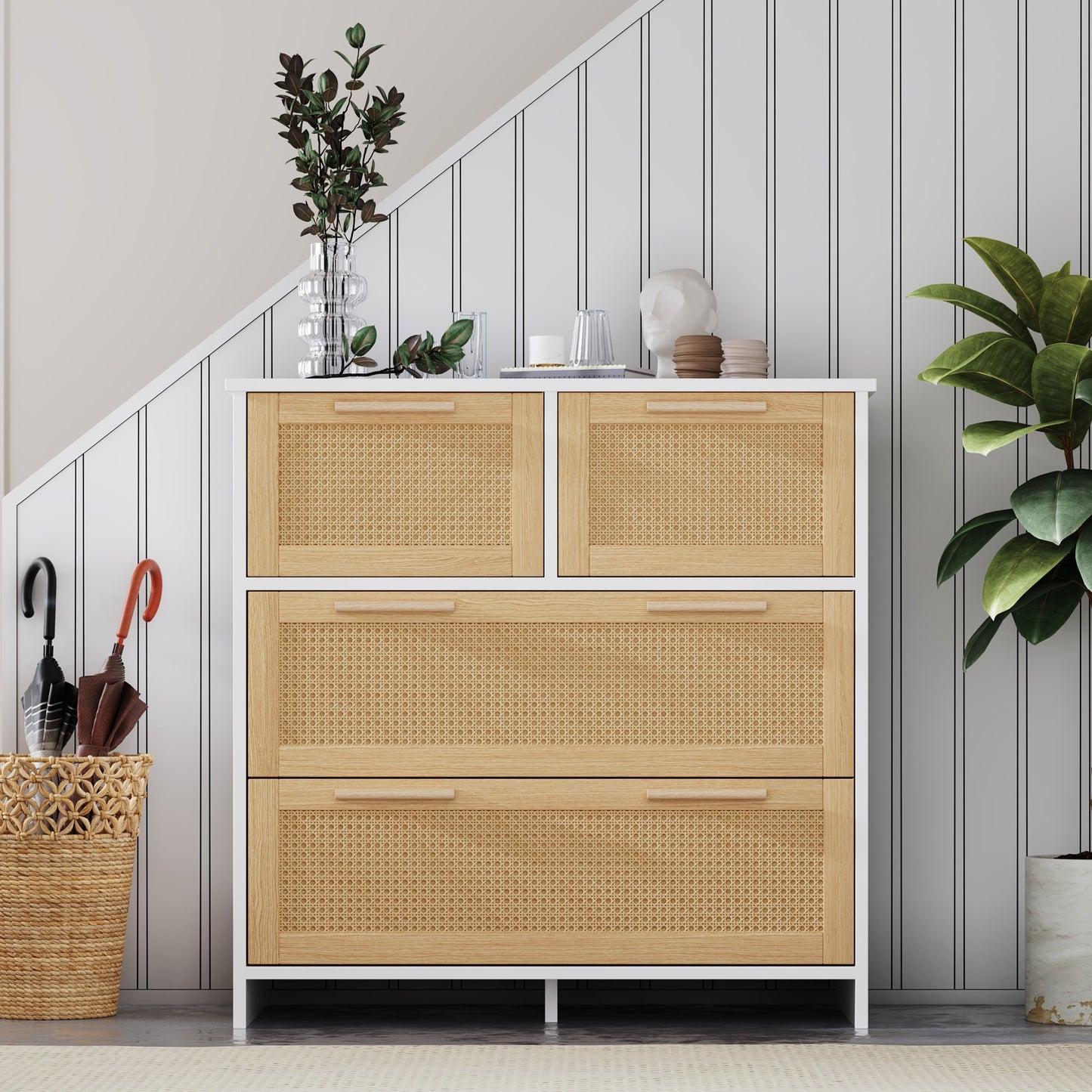 Opbergkast – Dressoir – Ladekast – Kast – Rattan Kast – 4 Grote Laden – Natuurlijk Wit Hout