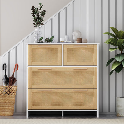 Opbergkast – Dressoir – Ladekast – Kast – Rattan Kast – 4 Grote Laden – Natuurlijk Wit Hout