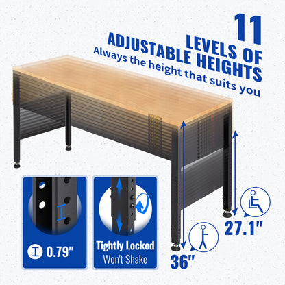 Verstelbare Werkbank – Werktafel – Klusbank – Montagebank – Werkstation – 155 x 50 cm – Massief Hardhout – Ingebouwde Stopcontacten en USB-poorten