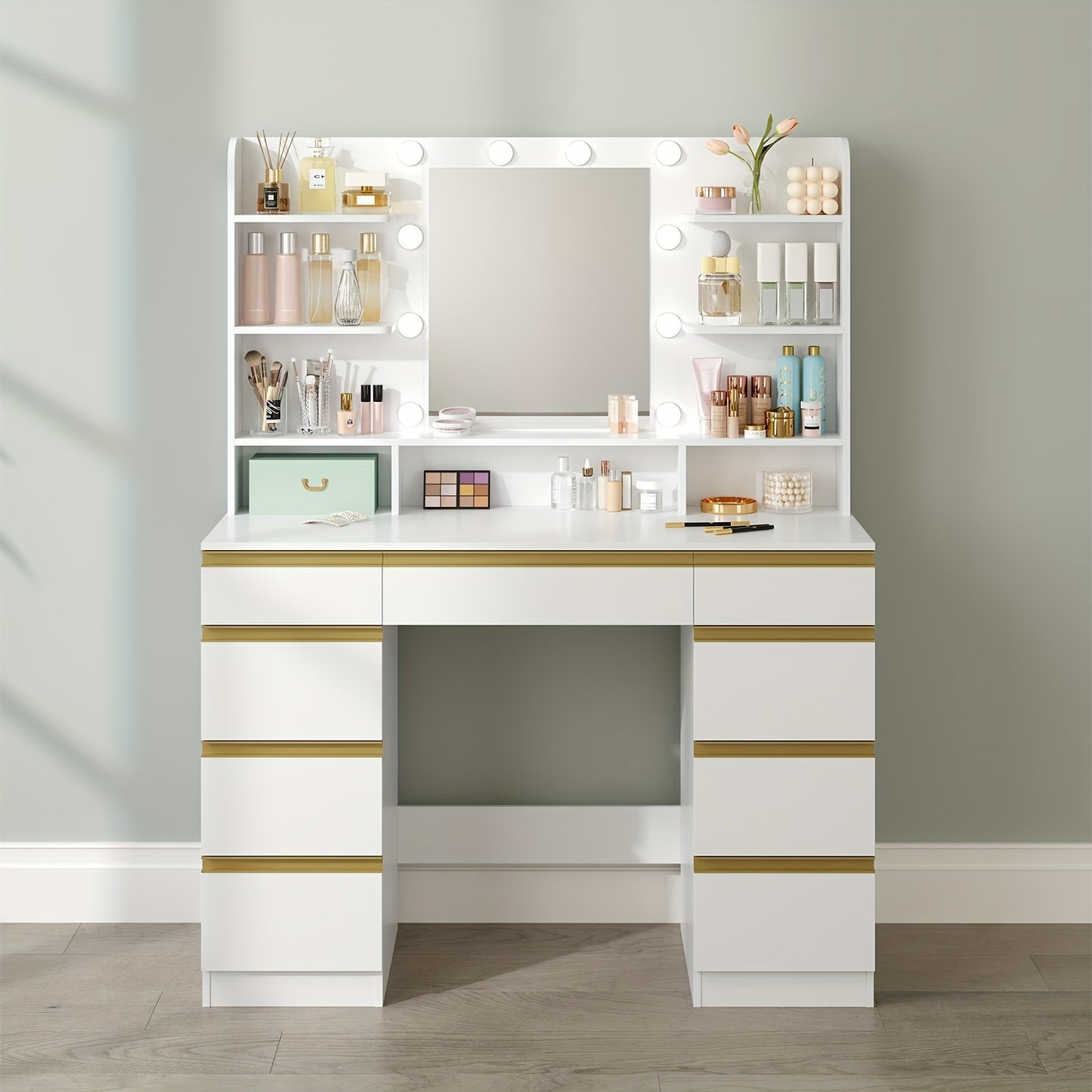Make-up Tafel – Kaptafel – Visagie Tafel – Beauty Tafel – Make-up Bureau – Met 10 LED Lichtbollen – Grote HD Spiegel – Wit – Veel Opbergruimte – Instelbare Helderheid
