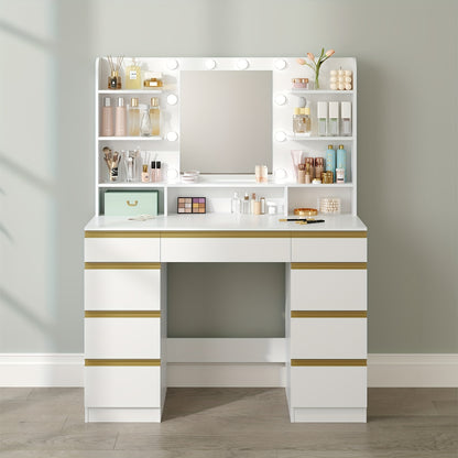 Make-up Tafel – Kaptafel – Visagie Tafel – Beauty Tafel – Make-up Bureau – Met 10 LED Lichtbollen – Grote HD Spiegel – Wit – Veel Opbergruimte – Instelbare Helderheid