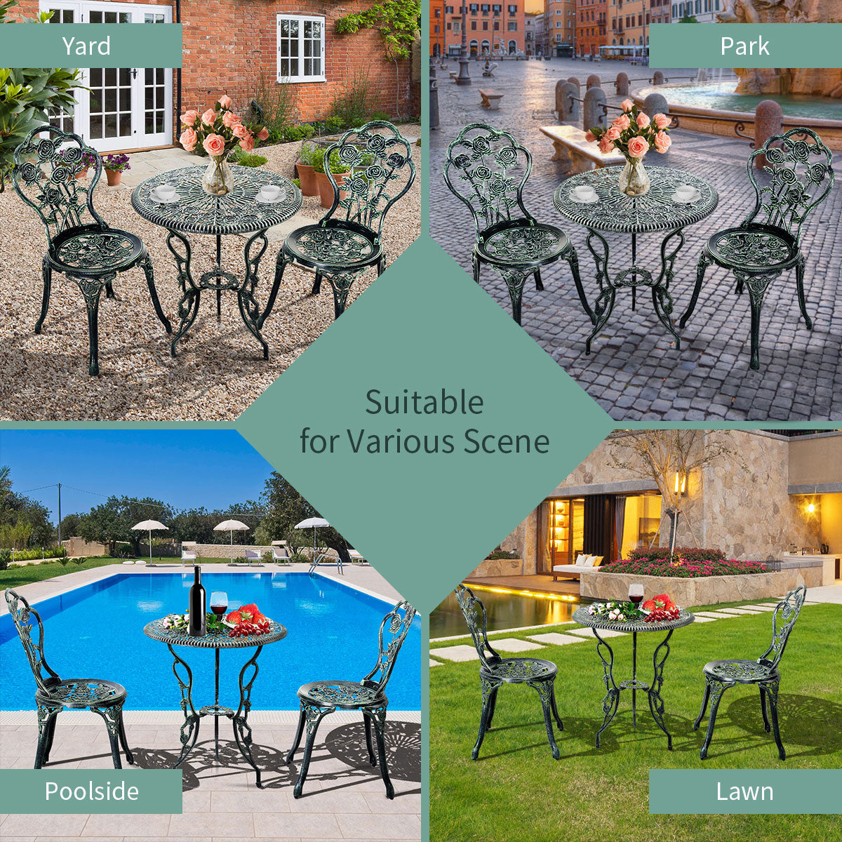 3 Piece Outdoor Bistro Set, Patio Cast Aluminum Table and Chairs, Adjustable Footpads, Perfect for Poolside, Backyard