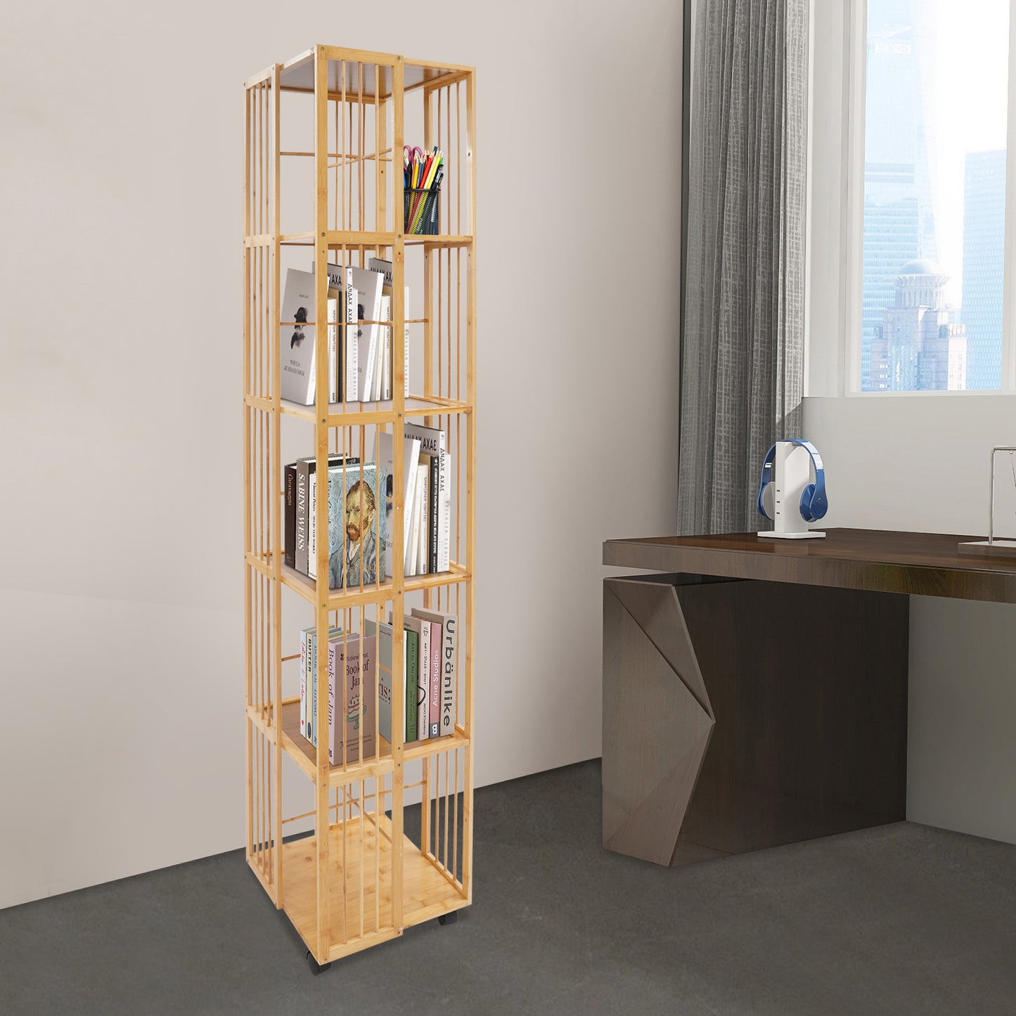 Draaibare Boekenplank – Boekenrek – Boekenkast – Verticale Opberger – Vrijstaande Plank – Bamboe Materiaal – 360° Draaibaar – 6-Lagen Ruimtebesparend Design – Natuurlijk Houtkleur