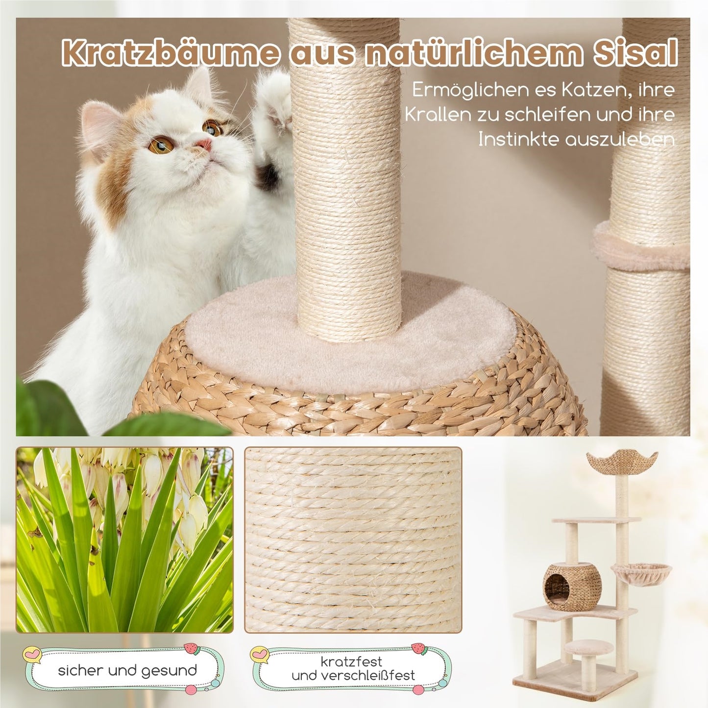 Krabpaal – Kattenkrabpaal – Kattenboom – Krabmeubel – Kattenhuis – 150 cm Hoog – Natuurlijk Riet en Sisal