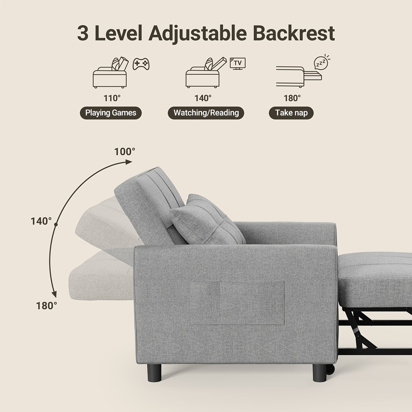 3-in-1 Sleeping Chair Sofa Bed, Convertible Chair With Bed Function, Sofa Bed With Cushion And Side Pocket, Armchair With Sleep Function For Small Apartment (Dark Grey, Light Grey)