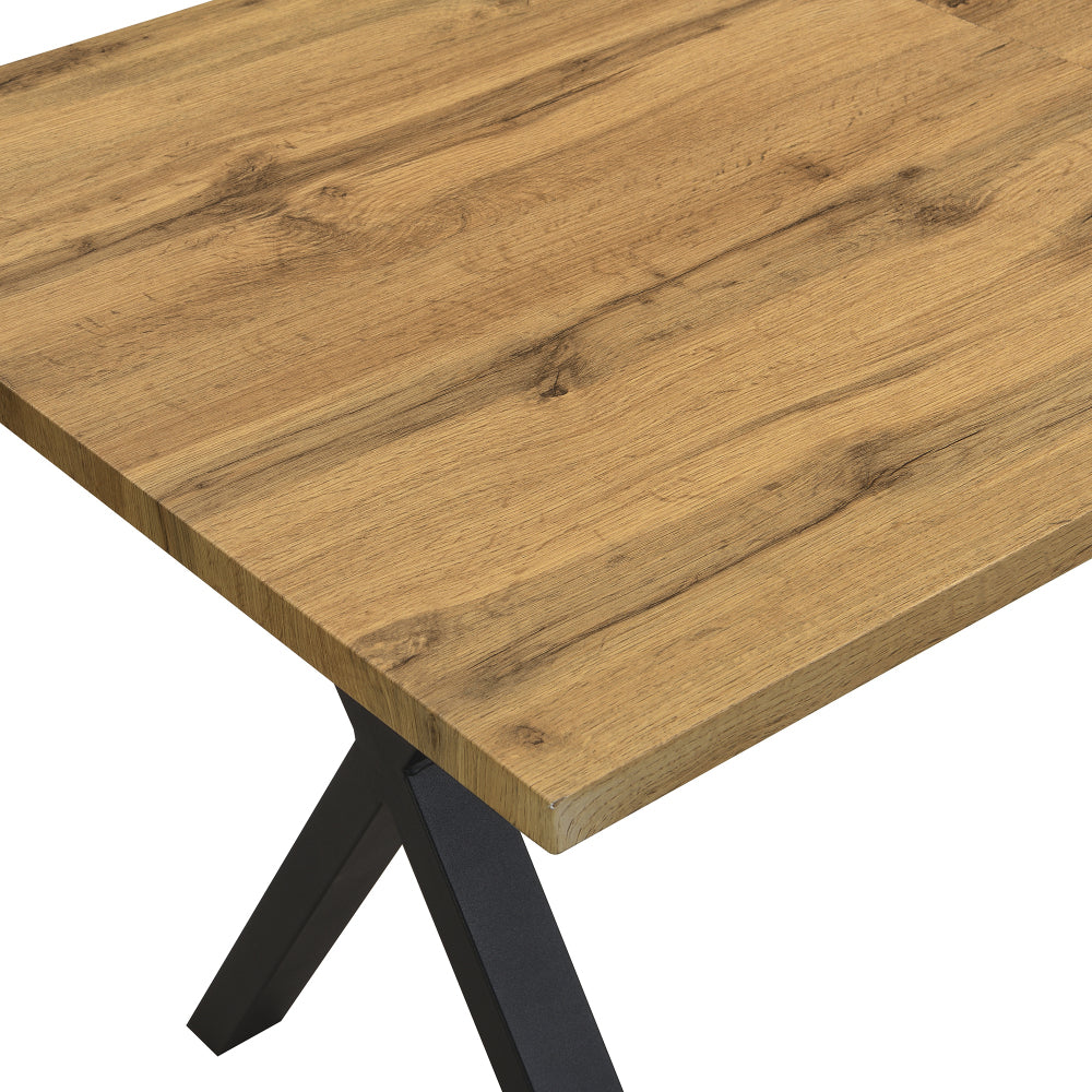 Durable and sturdy dining table with cross-leg design, rectangular shape, modern minimalist wrought iron dining table, 140*80*76cm, suitable for dining room, living room, hallway, color is natural wood.
