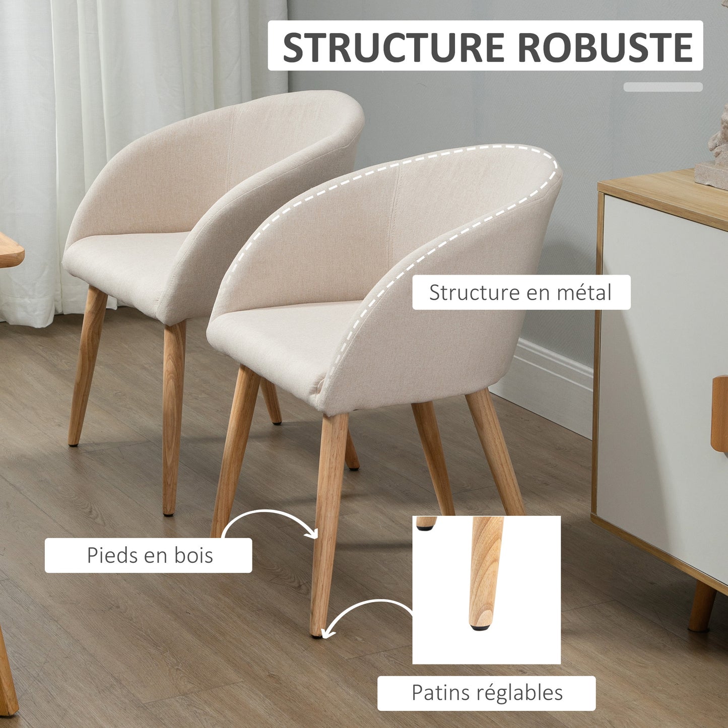 Eetkamerstoel – Kuipstoel – Stoel – Designstoel – Meubel – Set van 2 Beige Scandinavische Eetkamerstoelen – Ergonomisch Comfort – Rubberhouten Taps Toelopende Poten