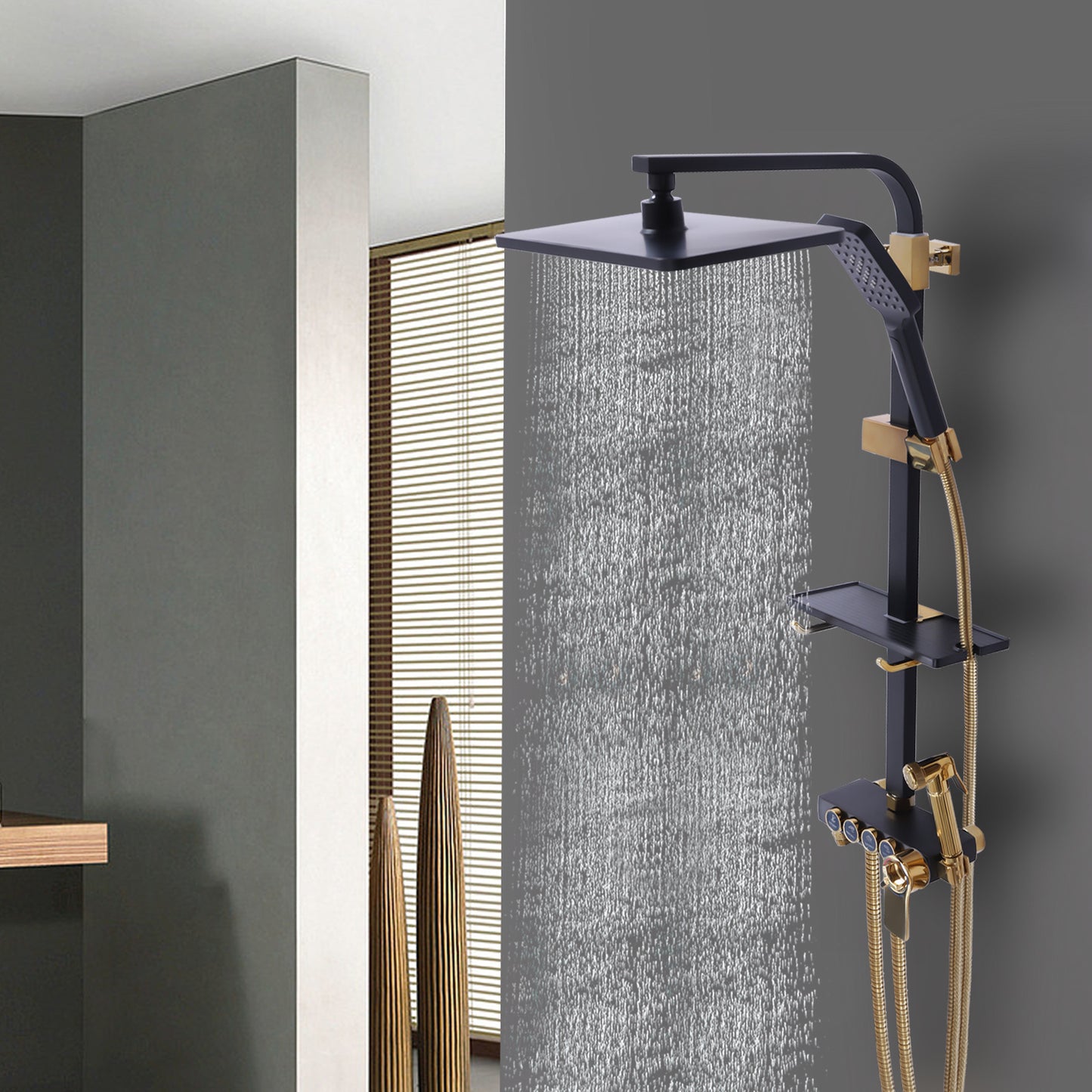 TOOL1SHOOO Contemporary Wall-mounted Bathtub Shower Set In Matte Black And Golden Finishes 46-orifice Hand Spray 112-orifice Top Spray And Anti-tangle Shower Hose, Easy to Clean, with Soft Silicone Spout And Toiletry Storage