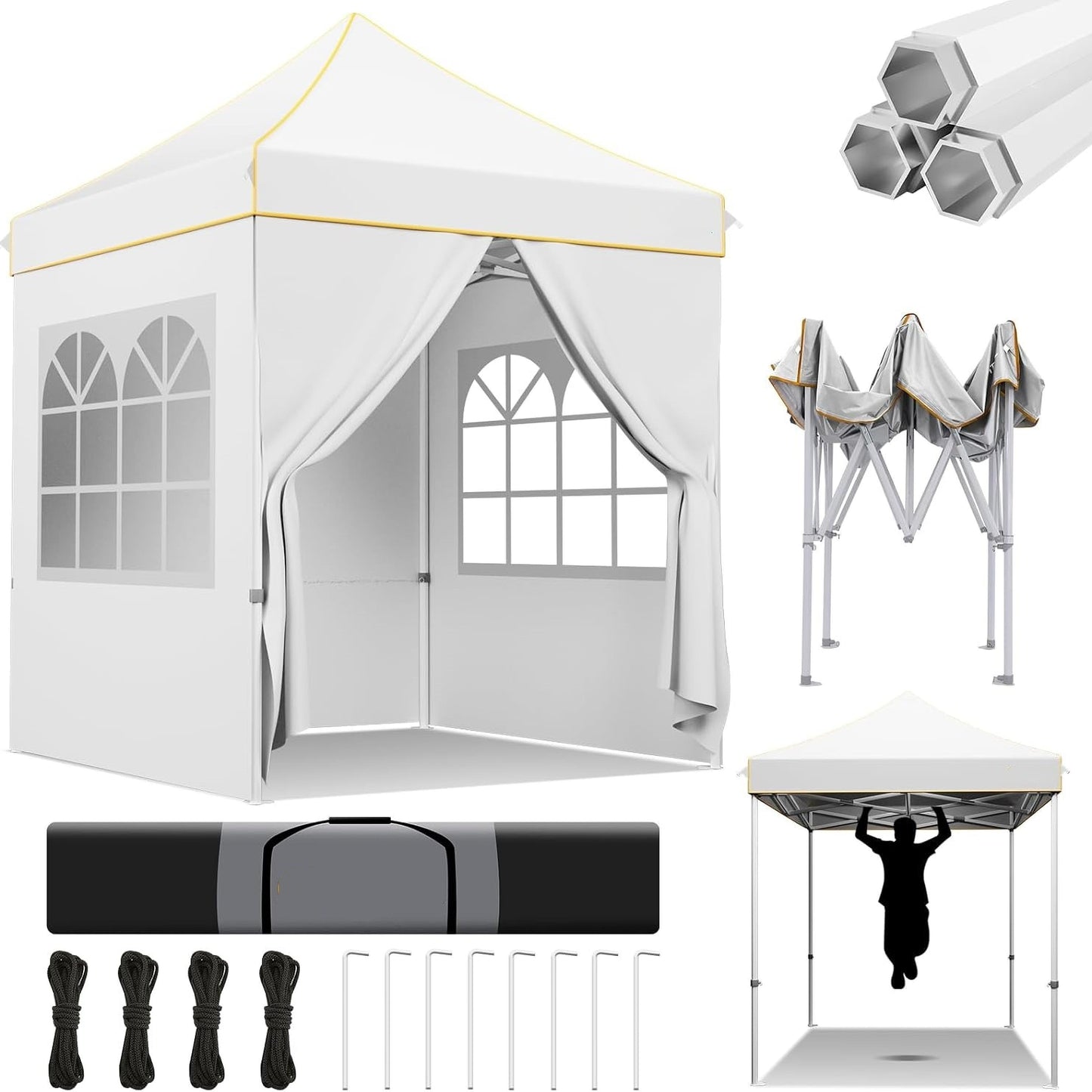 2×2m Pop-Up Canopy with 4 Side Walls, UPF50+ Sunshade, 3 Adjustable Heights, Upgraded Octagonal Tube for Picnic Beach Backyard Commercial Events
