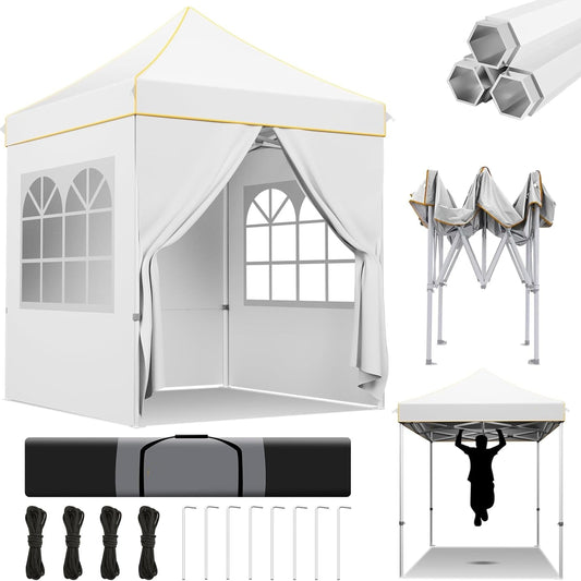 2×2m Pop-Up Canopy with 4 Side Walls, UPF50+ Sunshade, 3 Adjustable Heights, Upgraded Octagonal Tube for Picnic Beach Backyard Commercial Events