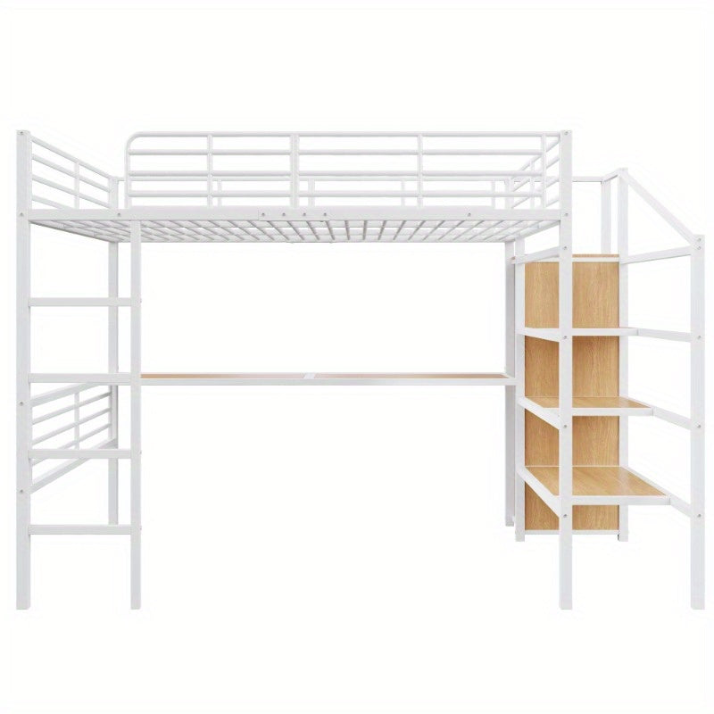 Hoogslaper – Stapelbed – Kinderbed – Eenpersoonsbed – Meubel – Met Bureau en Open Kledingrek – 140x200 cm – Wit Metaal – Stevig Frame & Ruime Opbergruimte