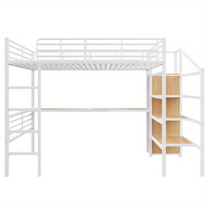 Hoogslaper – Stapelbed – Kinderbed – Eenpersoonsbed – Meubel – Met Bureau en Open Kledingrek – 140x200 cm – Wit Metaal – Stevig Frame & Ruime Opbergruimte