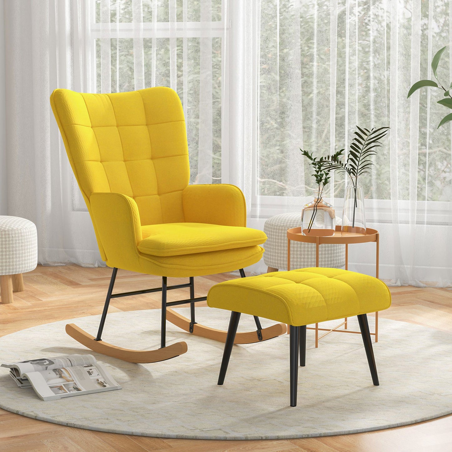 Schommelstoel – Schommelstoel Met Voetenbank – Relaxfauteuil – Wiebelfauteuil – Linnen Look Fauteuil – Gele Variant – Ergonomisch Comfort – Massief Beukenhout Frame