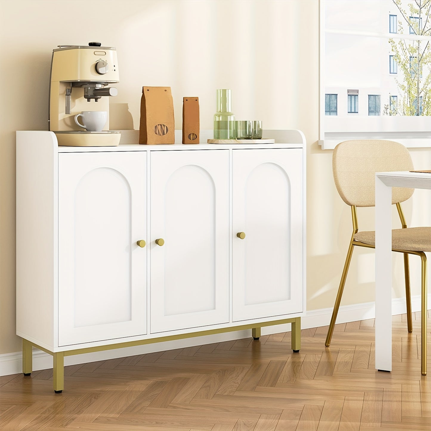 Sideboard, Storage Cabinet, Kitchen Cabinet, Living Room Sideboard with 3 Curved Doors, Adjustable Shelves, Golden Handles, Suitable for Kitchen, Living Room, 30x100x80.5cm, White
