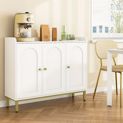 Sideboard, Storage Cabinet, Kitchen Cabinet, Living Room Sideboard with 3 Curved Doors, Adjustable Shelves, Golden Handles, Suitable for Kitchen, Living Room, 30x100x80.5cm, White