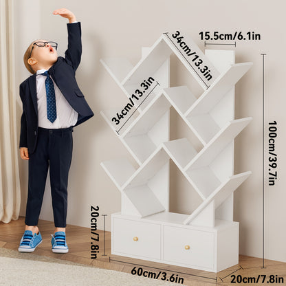 Tree-Shaped Bookcase, Standing Shelf With 2 Drawers, Tall Bookcase With Drawer, Wood Book Shelf, Modern Floor Standing Bookshelves, DVD/CD Storage Rack For Home Office, Living Room 60x20x100cm White