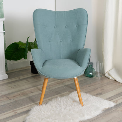 Nordic fauteuil – armstoel – loungestoel – zetel – relaxstoel – groen katoenen bekleding – metalen frame met houten poten – 66x71x109 cm