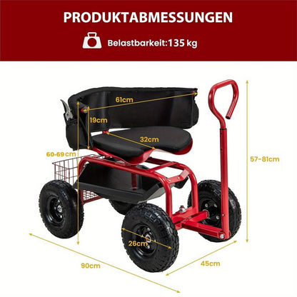 Tuinkar – Tuintrolley – Tuinwagen – Afvaltrolley – Bolderkar – Met 360° Draaibare Zitting – Met Verstelbare Duwstang en 25,4 cm All-Terrain Banden