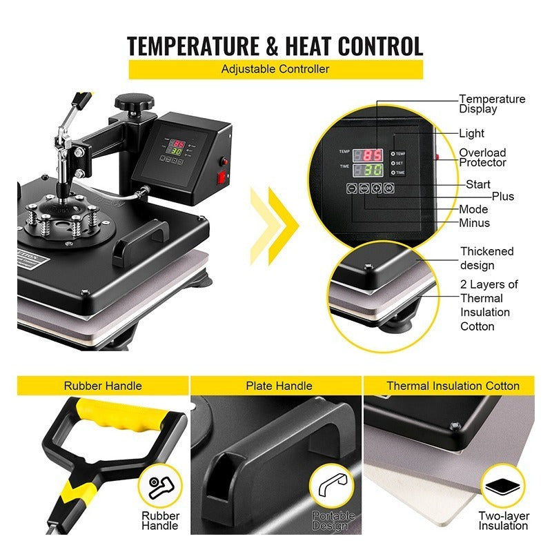 Hittepers – Transferpers – Heat Press – Warmtepers – Sublimatiepers – 5-in-1 Multifunctioneel – 38x38 cm Teflonplaten – 1800W Snelle Verwarming