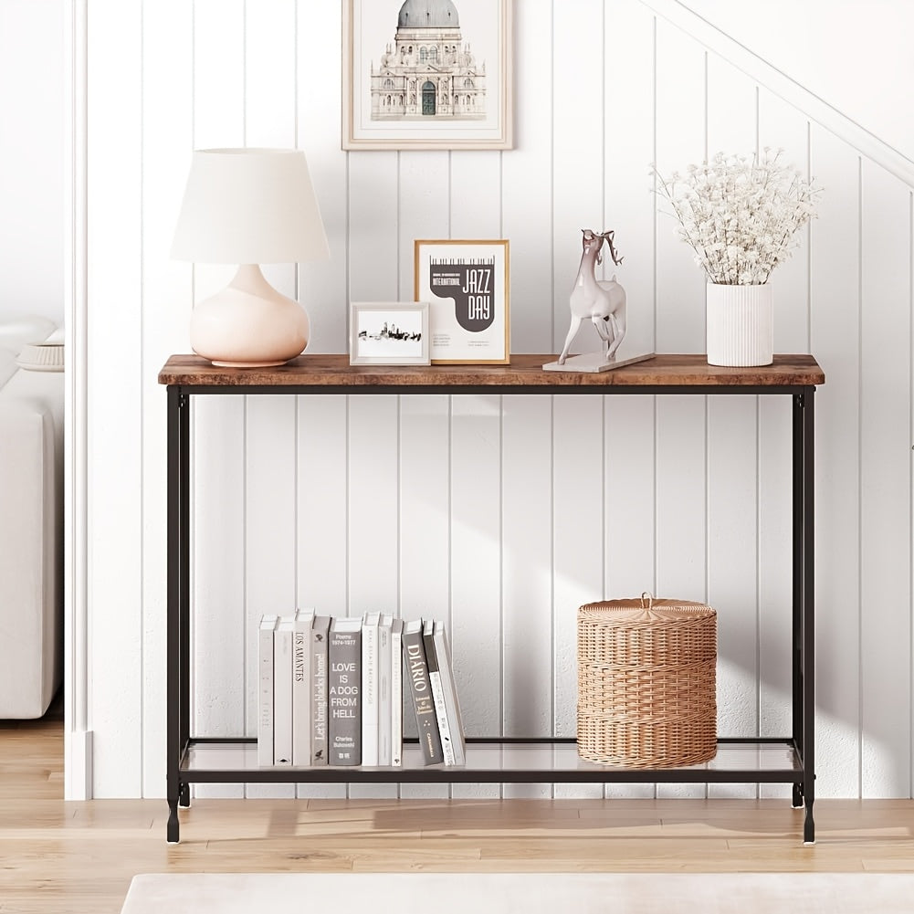 Smalle Sidetable – Smalle Tafel – Console Tafel – Haltafel – Banktafel – Rustiek Bruin – Ruimtebesparend Ontwerp – Stevig Metaal Met Glasplaat