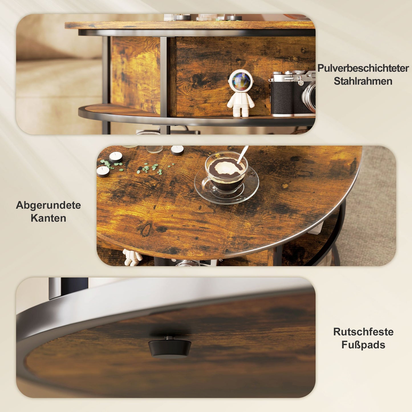 Salontafel – Ronde Tafel – Koffietafel – Bijzettafel – Sidetable – Verstelbaar Liftblad – Met Opbergruimte – Stalen Frame – Bruin – Ø80 cm