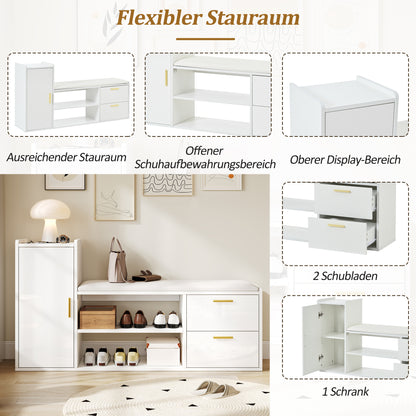 BTM Shoe Cabinet 128×30×68 Cm, in White with Shoe Bench, 2 Drawers & 1 Closet, Open 2-Tier Shoe Rack with Upholstered Seat Bench, Storage Furniture for Hallway, Living Room Or Office