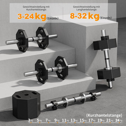 Verstelbare Halterset – Dumbbell Set – Krachttraining Gewichten – Curlstang – Rechte Stang – 32 kg Totaalgewicht – Robuust Stalen Design