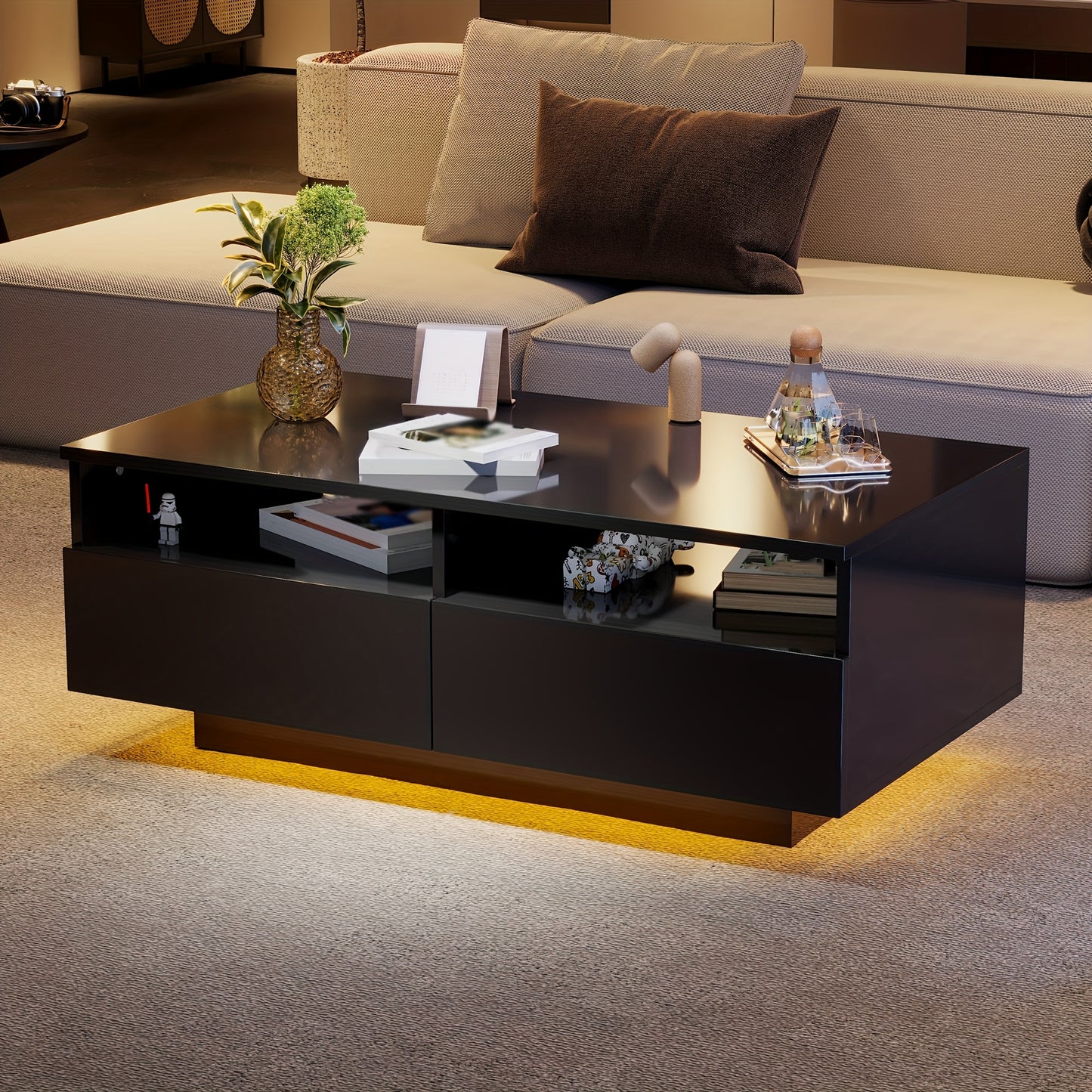 High-gloss Coffee Table With 2 Drawers, Sofa Table, Living Room Table, Modern Center Table, Suitable For Living Room And Bedroom