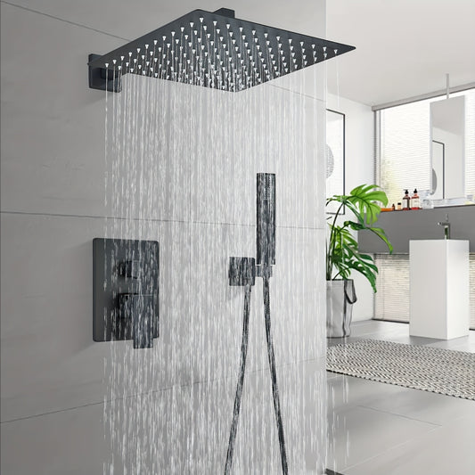 Doucheset Mat Zwart – Regendouche – Handdouche – Mengkraan – Douche Systeem – 40x40 cm Regendouche – Messing & RVS