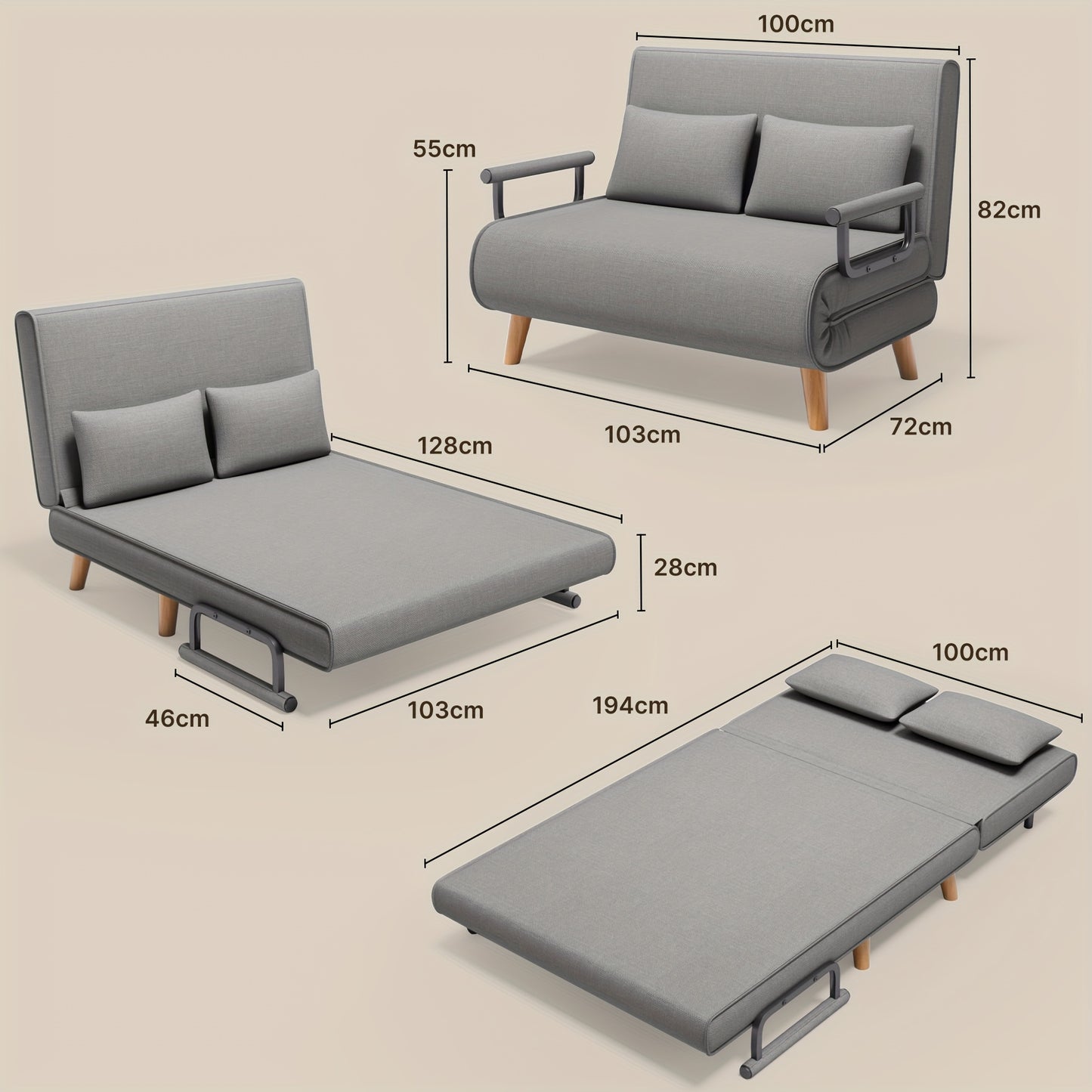 3-in-1 slaapbank – slaapbank – bedbank – slaapmeubel – slaapfauteuil – 6-positie verstelbare rugleuning – stevig houten frame – donkergrijs