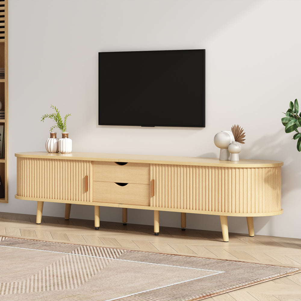 Living room television cabinet featuring a circular tabletop design with two drawers, each capable of bearing up to 30 kilograms. Minimalist contemporary style. Dimensions: 175 x 40 x 42 centimetres.,  Media Console, Sleek St