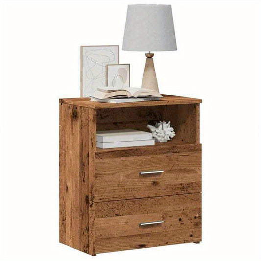 2-Drawer Bedside Table with Open Shelf - 50x32x60cm Old Wood-Colored Removable Design, 3, 2+ Cubic Feet Storage, 27" Height, 2-Drawer & Open Shelf for Bedroom, Living Room, Office - All-Season Indoor Use, Easy Assembly, No Po