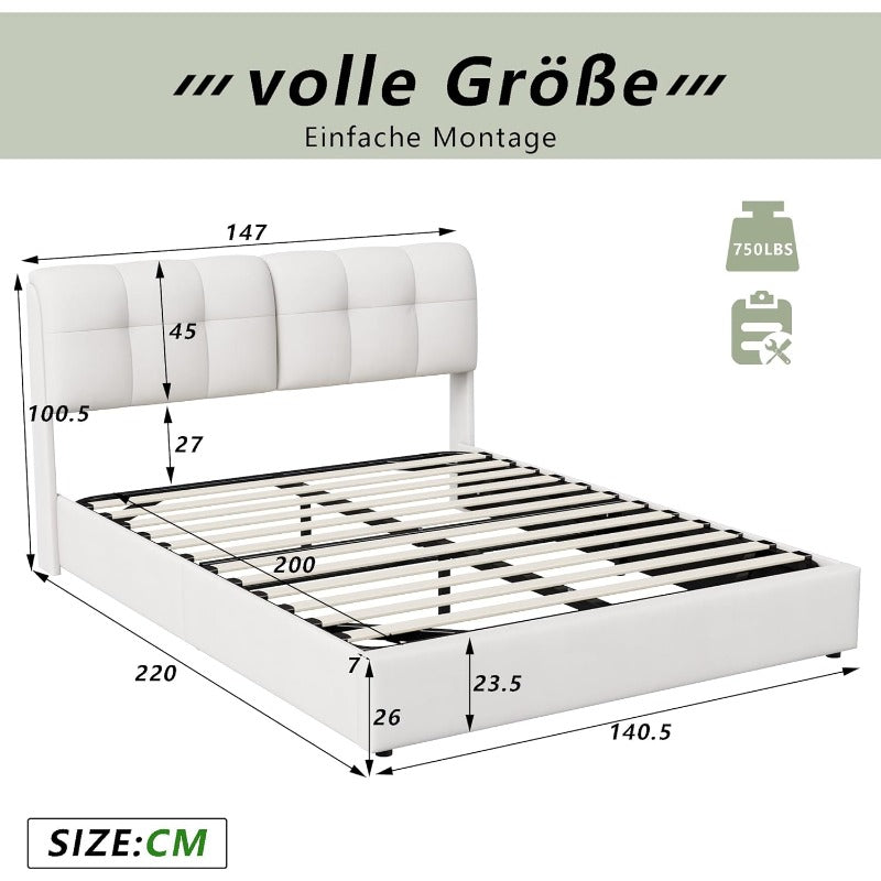 YCZ Storage Bed, Bed Frame with Slats, LED Double Bed, Bed Frame, Headboard, Velvet Fabric, Modern Style, Beige And White (Beige And White)