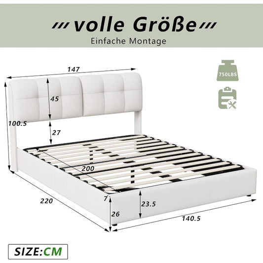 YCZ Storage Bed, Bed Frame with Slats, LED Double Bed, Bed Frame, Headboard, Velvet Fabric, Modern Style, Beige And White (Beige And White)