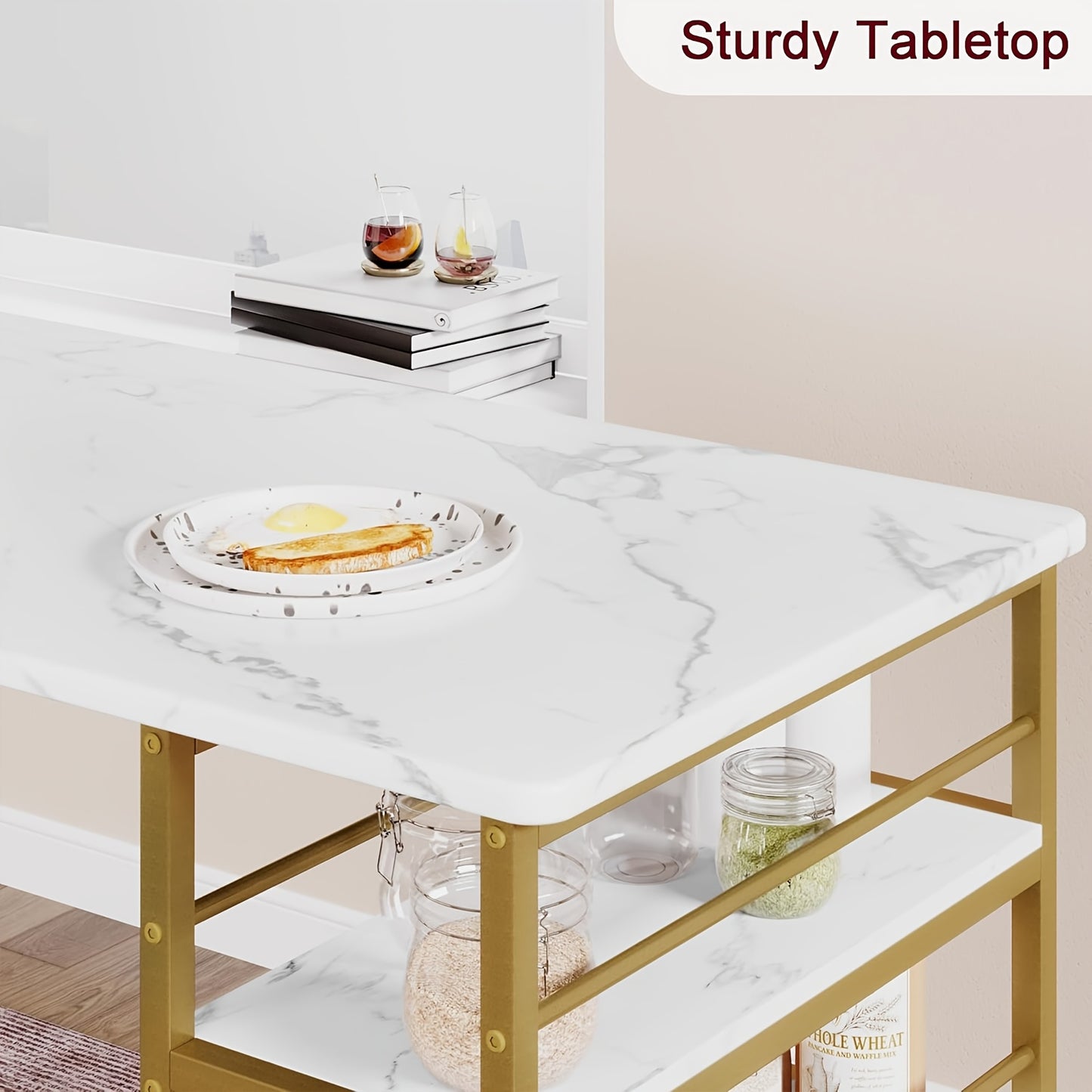 Barset Golden Marble – Bistrotafel Set – Eettafel Compact – Keukentafel Met Stoelen – 3-Tier Rek – Ruimtebesparend – Moderne Gouden Accent