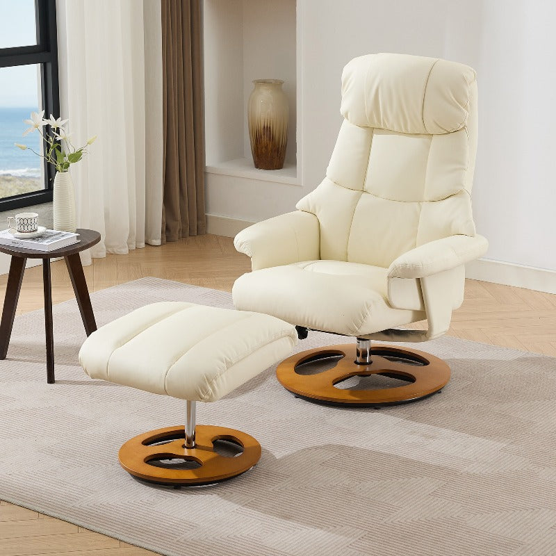 360° Swivel Recliner Chair with Massage & Heat - Heavy-Duty Metal Frame, PU Fabric White Modern Reclining Lounge Chair with Ottoman Footrest, Manual Operation, No Assembly Required, Easy-Clean Surface for Living Room, Home T
