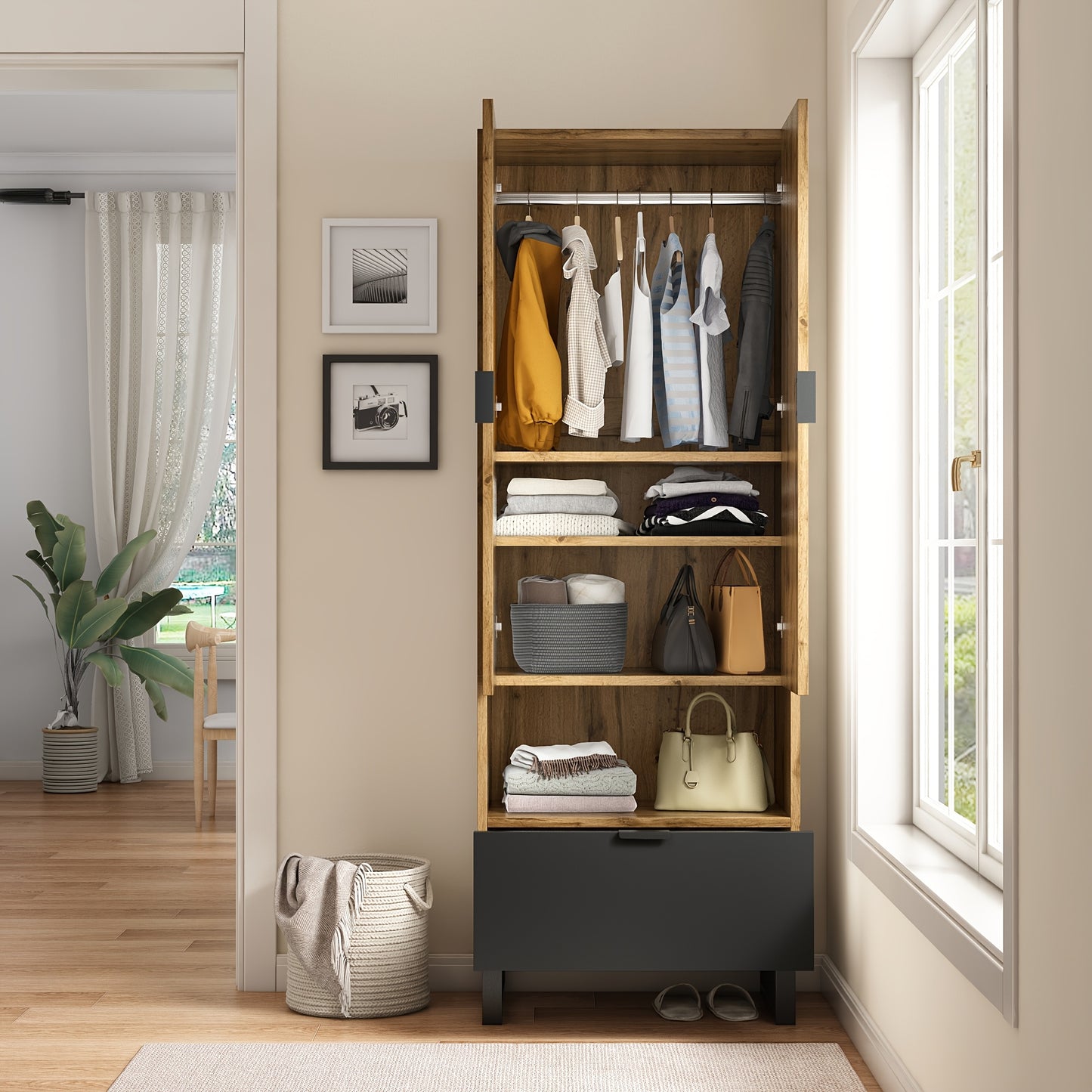 kledingkast – kledingrek – vrijstaande kast – opbergkast – houten hangkast – massief hout – verstelbare planken – direct gebruiksklaar