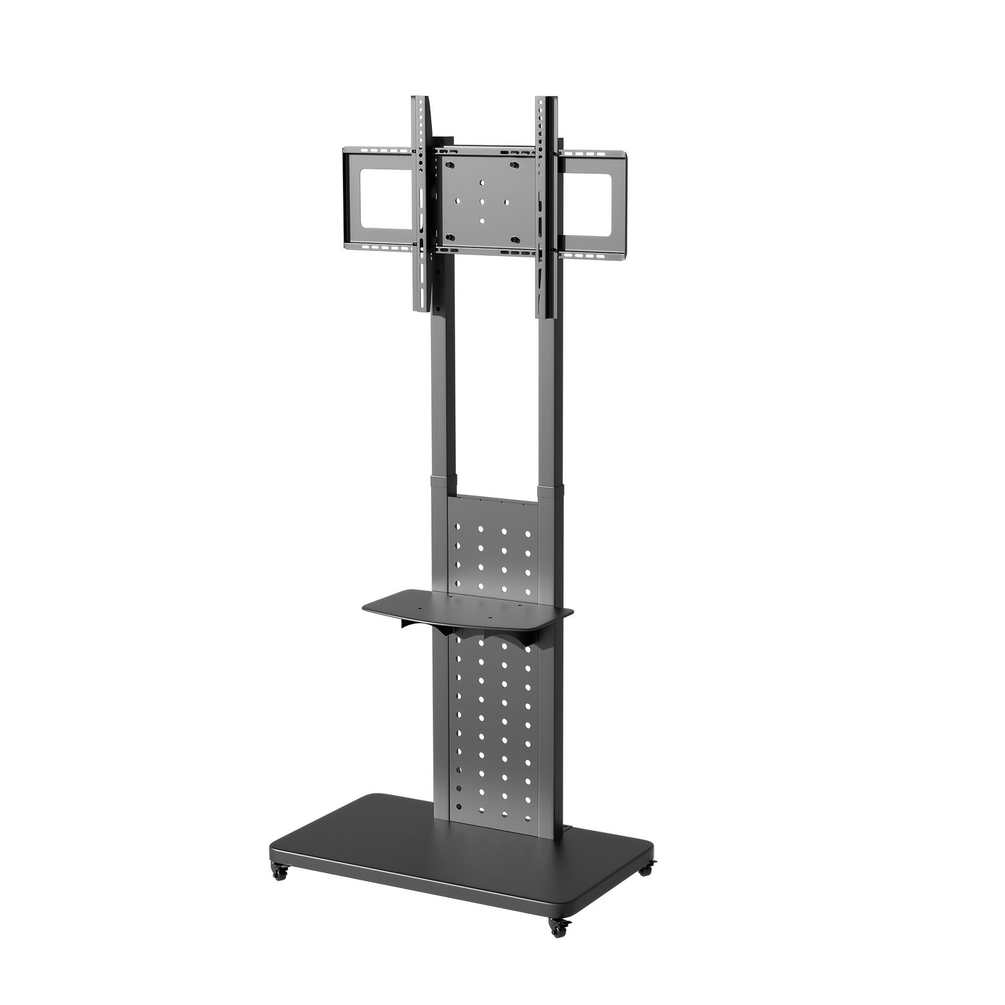 Mobiele TV-standaard – Verrijdbare TV-standaard – TV Trolley – Verstelbare TV-houder – VESA TV-meubel – Geschikt voor 32-65 inch – Zwart Staal – Verstelbare Hoogte 110-160 cm – Wielen met Remmen – Draagkracht 49,9 kg
