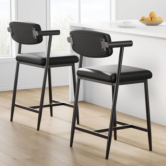 Barkrukken – Barkruk Set – Barstoelen – Keukenstoelen – Retro Barkrukken – Zwart Kunstleer Beklede Rugleuning – Stevig Metalen Frame – Set Van 2 – Met Voetensteun – Geschikt Voor Keukeneiland