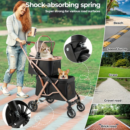 Hondenbuggy – Huisdierenbuggy – Wandelwagen – Duwwagen – Buggy voor Kleine Honden – 2-laags Dubbele Mand – Opvouwbaar – Inclusief Transporttas