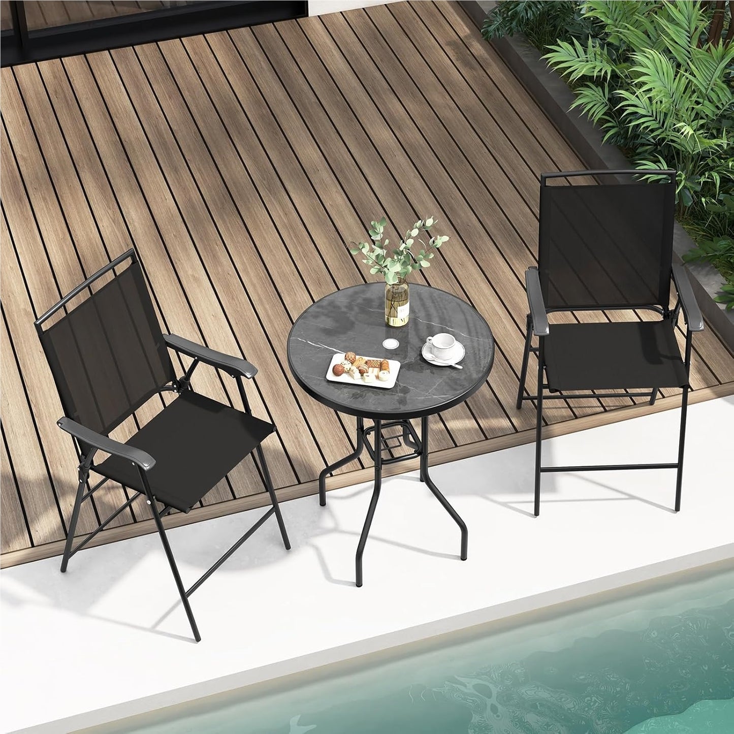 Bistro Tuinset – Balkon Meubels – Terras Set – Buiten Tafel Met Stoelen – Tuinmeubilair – Met Parasolgat – Vouwbare Stoelen – Zwart Metalen Frame – Duurzaam & Compact