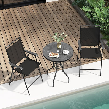 Bistro Tuinset – Balkon Meubels – Terras Set – Buiten Tafel Met Stoelen – Tuinmeubilair – Met Parasolgat – Vouwbare Stoelen – Zwart Metalen Frame – Duurzaam & Compact