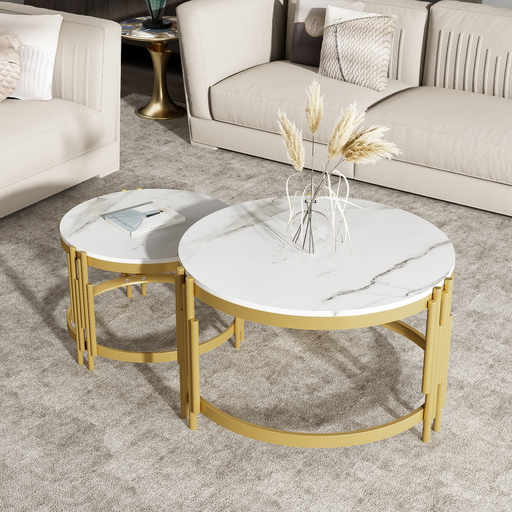 Modern Round Modular Coffee Table & Combination Table - Marble Top with Golden Metal Frame, Space-Saving Expandable Suitable for Living Room, Assembly, Durable Contemporary Table (Wood-Free)
