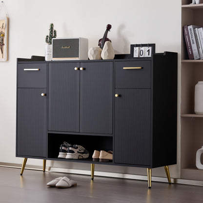 Shoe Cabinet With 2 Drawers And Shoe Rack With 4 Doors, Metal Feet, Black