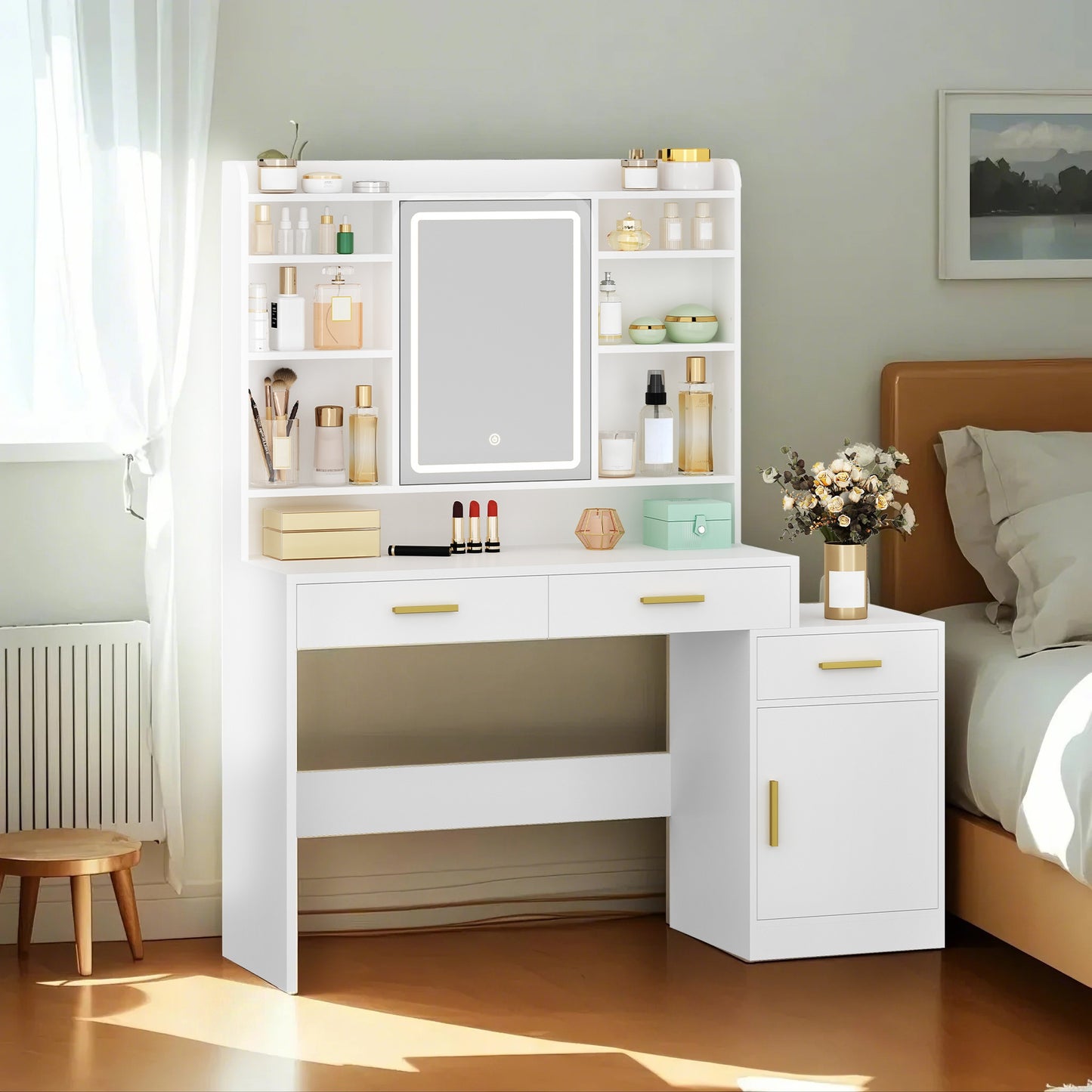 Kaptafel – Make-uptafel – Dressoir – Schminktafel – Slaapkamermeubel – LED-spiegel Met Verstelbare Lichtkleuren – Ruim Tafelblad 130 cm Breed – Wit