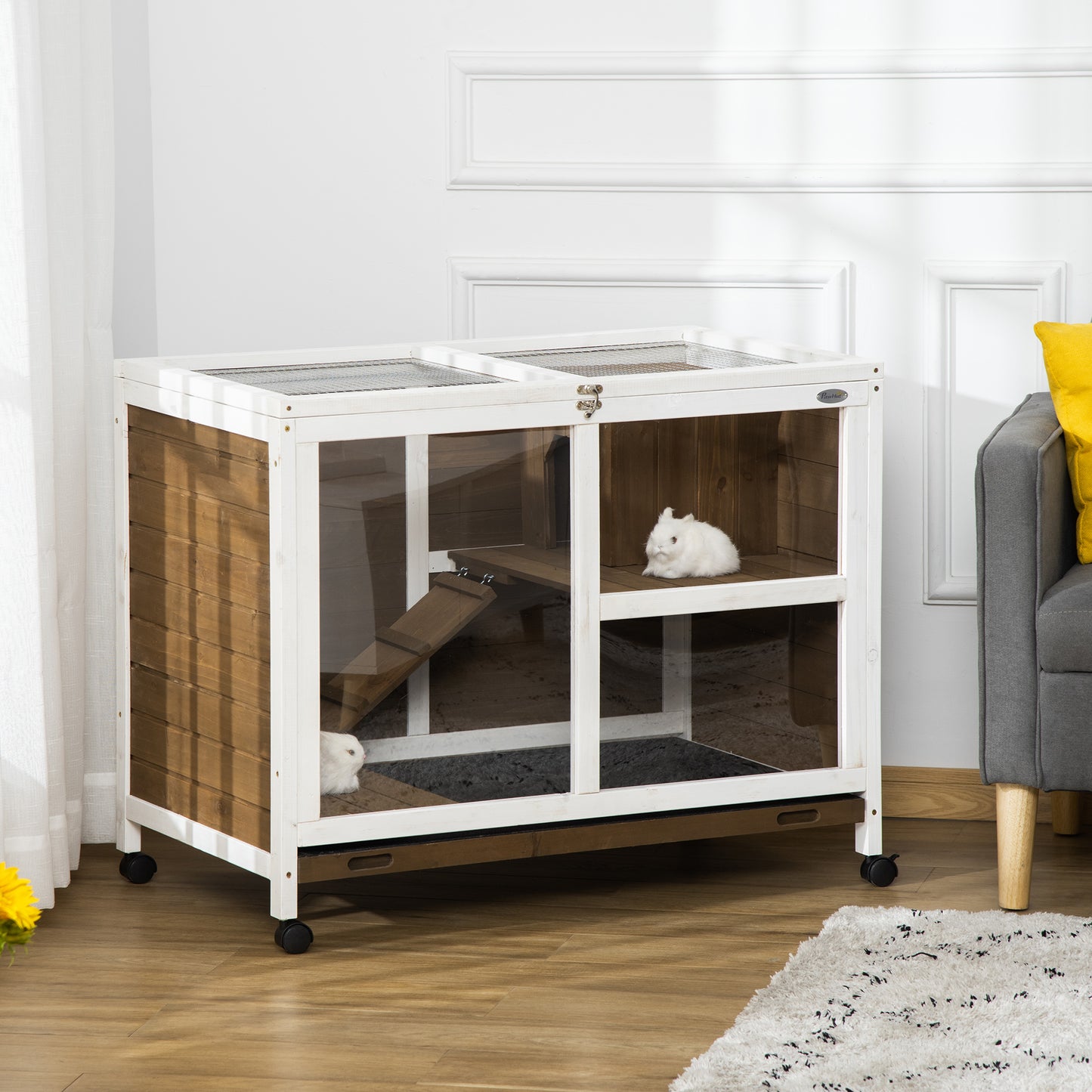 Konijnenren – Konijnenhok – Knaagdierenren – Dierenren – Binnenren – Massief Hout – 2 Verdiepingen Met Dakopening – Wieltjes 91,5x53,3x73 cm – Kastanjebruin