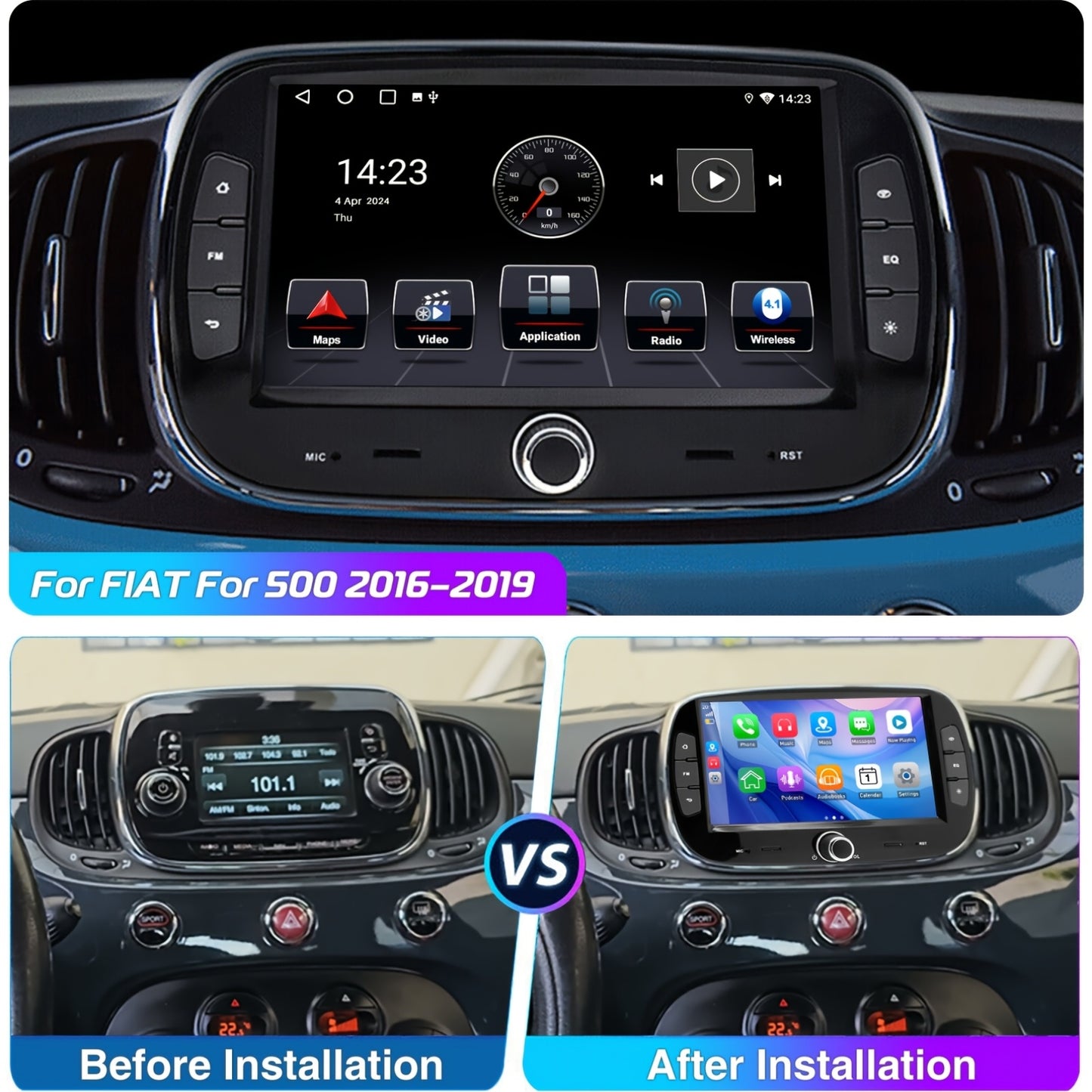 Multimedia Autoradio – 2 DIN Radio – Touchscreen Autoradio – Auto Stereo – Fiat 500 2016-2019 – 7 Inch HD Scherm – Android 14 Systeem