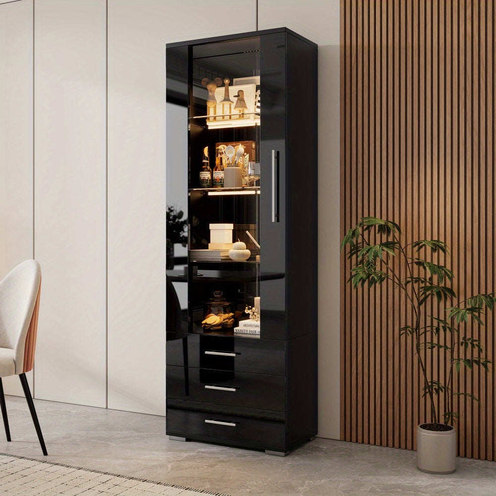 Modern Black Glass Display Case with 3 Drawers - High-Gloss Finish, Freestanding Vertical Storage Organizer for Home Decor, 60x35x180cm, Glass Display Cabinet, Contemporary Furniture, Metallic Frame